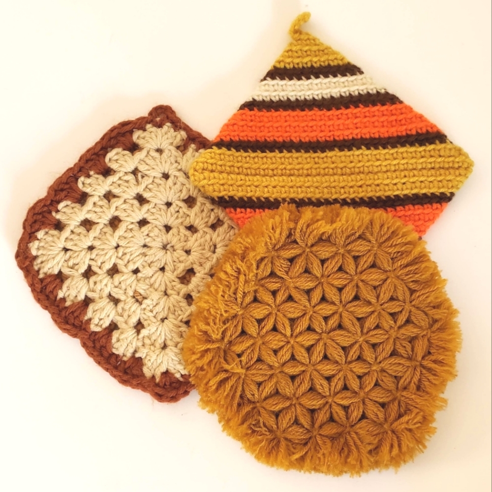 Vintage Handmade Crochet Pot Holders Orange Brown Stripe Square Round